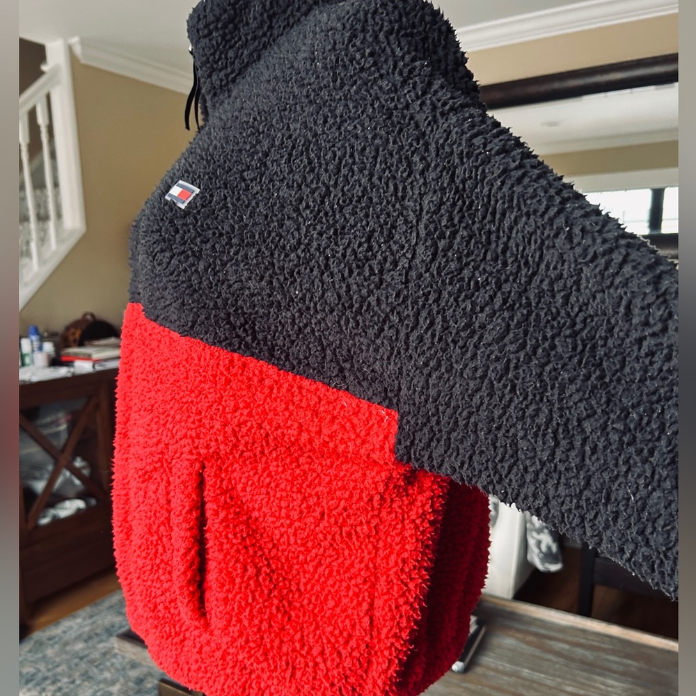 Tommy Hilfiger Sherpa Fleece Quarter Zip Pullover Colorblock Black Red Kids XL - Picture 6 of 12